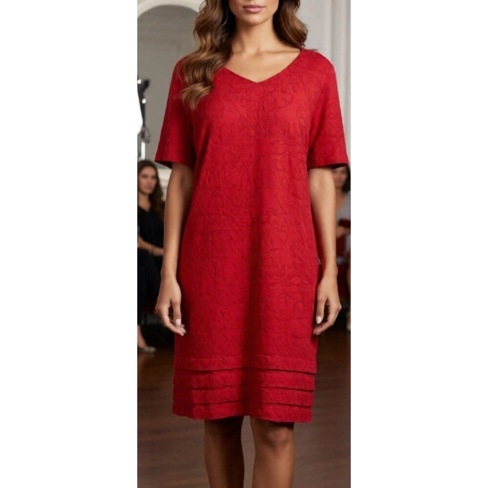 Nicole Miller Dress Women's Red XL Linen Blend Leaf Print Knee Length
